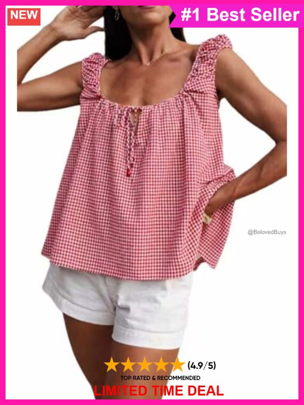 Women Tie Front Babydoll Square Neck Pleated Tank Top Sleeveless Cotton